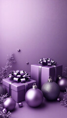 Purple christmas gifts and ornaments creating a festive still life