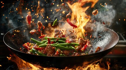 A thrilling scene of a wok pan with an explosion of ingredients like snow peas and meat in mid-air, surrounded by bright flames, capturing the intensity of Asian cooking techniques.