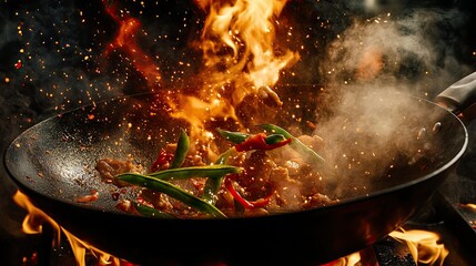 A thrilling scene of a wok pan with an explosion of ingredients like snow peas and meat in mid-air, surrounded by bright flames, capturing the intensity of Asian cooking techniques.