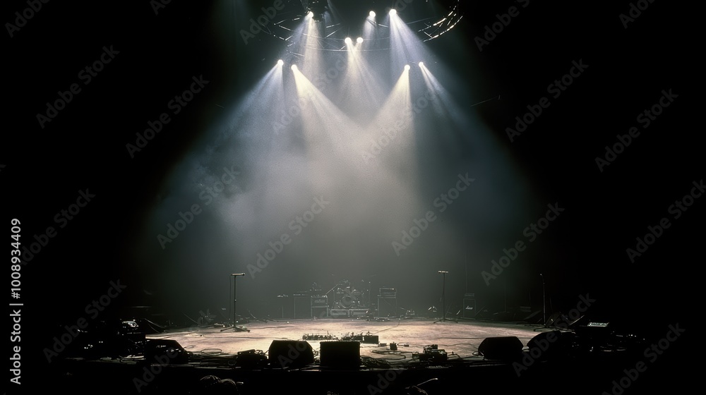Poster Illuminated Stage Presence: Captivating Low Angle View of Circular Lighting Truss and Beams of Light in Live Show Setup