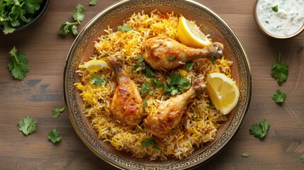 A top view of a traditional Chicken Biryani on a decorative plate, garnished with fresh coriander and served with raita