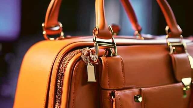 A close-up of a stylish orange handbag showcasing its zipper and decorative charm.