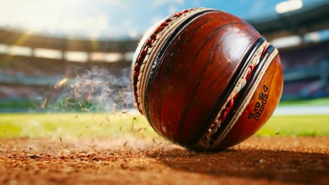A cricket ball rolling on the ground, capturing the essence of the sport in action.