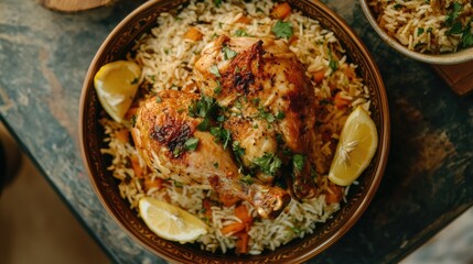 A top view of Chicken Mandi, with perfectly roasted chicken placed over seasoned rice, garnished with lemon wedges