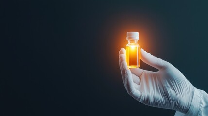 Hand holding a glowing vaccine vial on a dark background.