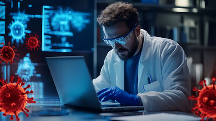 A scientist in a lab coat and protective goggles working on a laptop with a screen displaying a digital image of a virus.