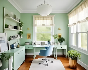 Minimalist home office setup idea and inspiration with soft pastel color theme