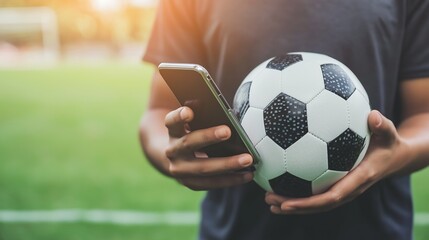 Close-up of person holding soccer ball and smartphone on field. Sports technology, fitness tracking, soccer equipment, digital coaching, outdoor activity concept.