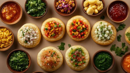 A vibrant arrangement of pani puris with various toppings, displayed against a clean backdrop that allows for ample space