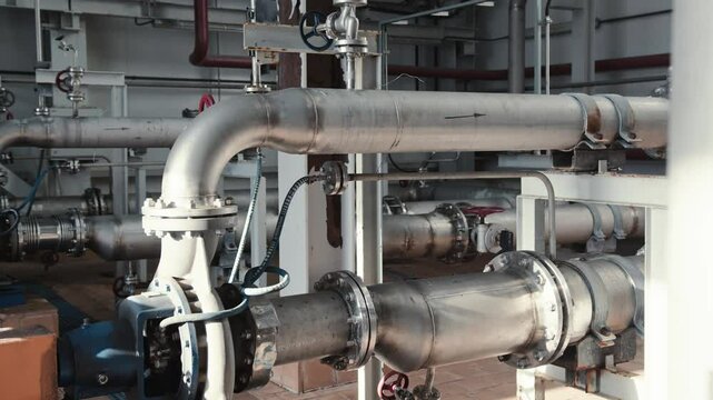 Close up of shiny clean pipe with elbow, branch and valve. Pipe flange joint