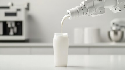 Robotic arm pouring milk into a glass in a modern kitchen setting.