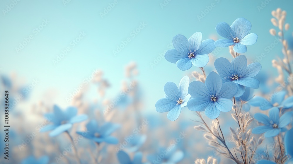 Poster Delicate Blue Flowers in a Field of Soft Blooms