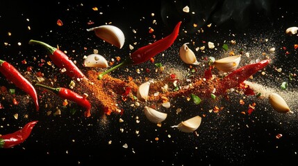 A vibrant freeze-motion shot capturing hot red peppers, cloves of garlic, and various spice powders suspended in mid-air against a black background,