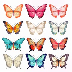 Obraz premium Set of beautiful exotic butterflies with colorful wings on white background