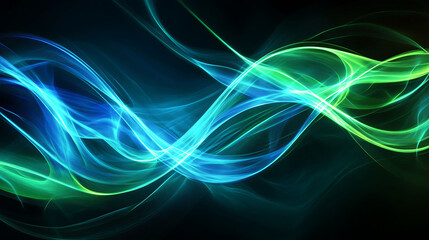 Abstract blue and green wavy lines on a black background.