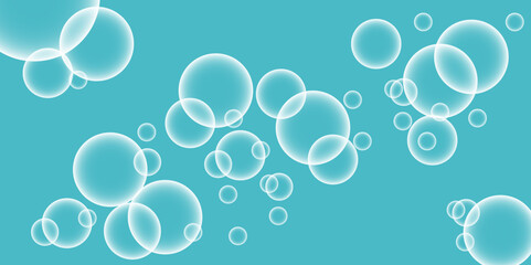 white bubbles. Abstract, white transparent and soap bubbles floating in the air. Design soap bubbles on a blue gradian background. with circles. Banner pattern with copy space illustration.