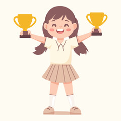 Happy cute kid Girl win game gold trophy Flat illustration
