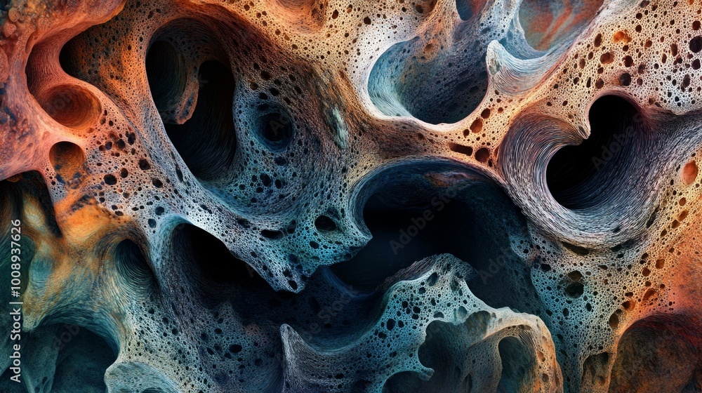 Poster intricate neural network textures reveal organic forms with ethereal colors and depth, showcasing a 