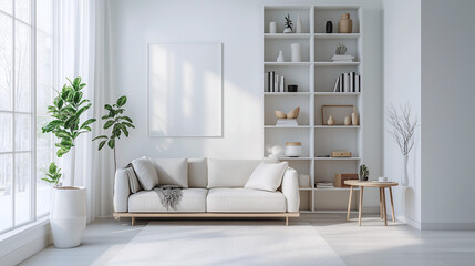 Minimalist living room design featuring built-in shelves with organized, tasteful decor, simple furniture, and bright, natural light