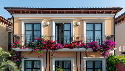 Fototapeta premium Exterior of beautiful residential building with balcony and flowers