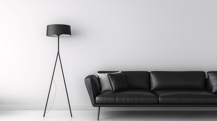 Minimalist living room in a monochrome palette, with a thin, modern floor lamp positioned next to a sleek black leather sofa. Clean lines and uncluttered design dominate the space