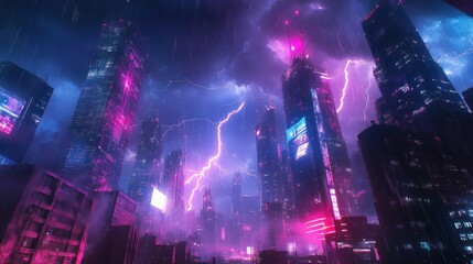 A futuristic city with neon lights and lightning strikes during a rainstorm