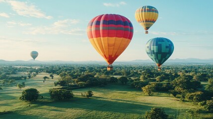 Obraz premium Three colorful hot air balloons soar over a lush green valley with mountains in the distance, a perfect representation of adventure and freedom.