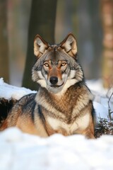 Fototapeta premium A wolf resting in a snowy forest, showcasing its natural beauty and habitat.