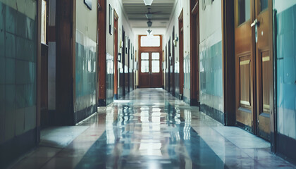 View of empty hospital corridor with wooden doors