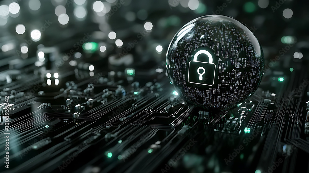 Poster a shiny metallic sphere with a padlock symbol inside sits on a circuit board, representing digital s