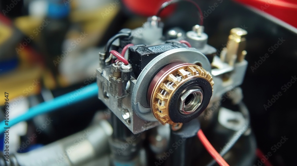Poster close-up of a mechanical component, possibly an engine part or sensor, with electrical connections.