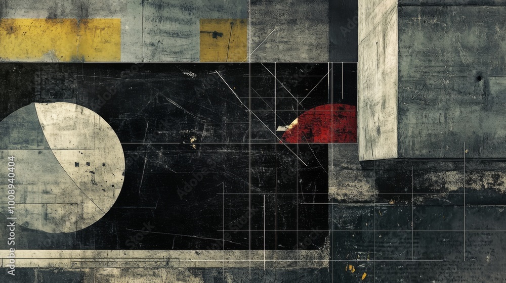 Poster abstract geometric composition with faded shapes and lines on a textured grey background.