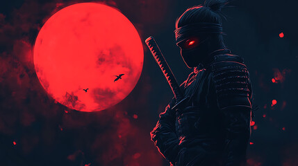 A silhouetted ninja stands against a backdrop of a red moon and dark clouds, holding a katana sword in his hand, with glowing red eyes.