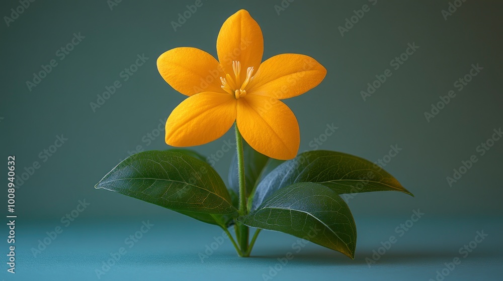 Canvas Prints Single Yellow Flower with Green Leaves on Teal Background