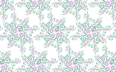 The pattern is a floral pattern with pink illustrations, used in clothing design.