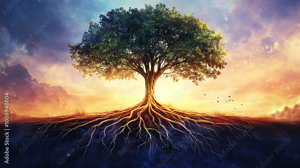 Poster a majestic tree with deep roots extending into the earth, bathed in a warm, ethereal glow.