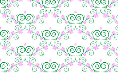 The pattern is a floral pattern with pink illustrations, used in clothing design.