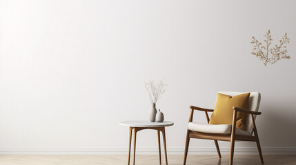 Minimalist living room setup with a mid-century modern accent chair and a small marble-topped table. Clean, white walls and subtle decor create a calm and open environment
