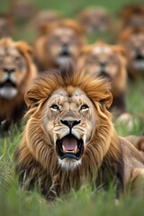 Fototapeta premium A close-up of a roaring lion with other lions in the background on a grassy landscape.