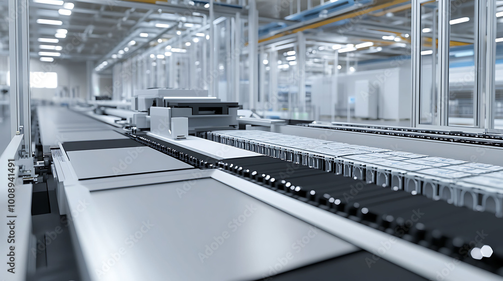 Poster modern automated assembly line in a clean factory with conveyor belts and machinery for product manu