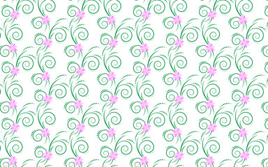 The pattern is a floral pattern with pink illustrations, used in clothing design.