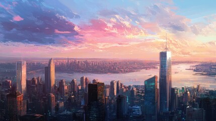 Fototapeta premium A Vibrant Cityscape with a Pink and Orange Sunset Sky