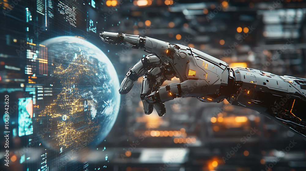 Poster a robotic hand reaches out to touch a digital globe, surrounded by glowing data streams, representin