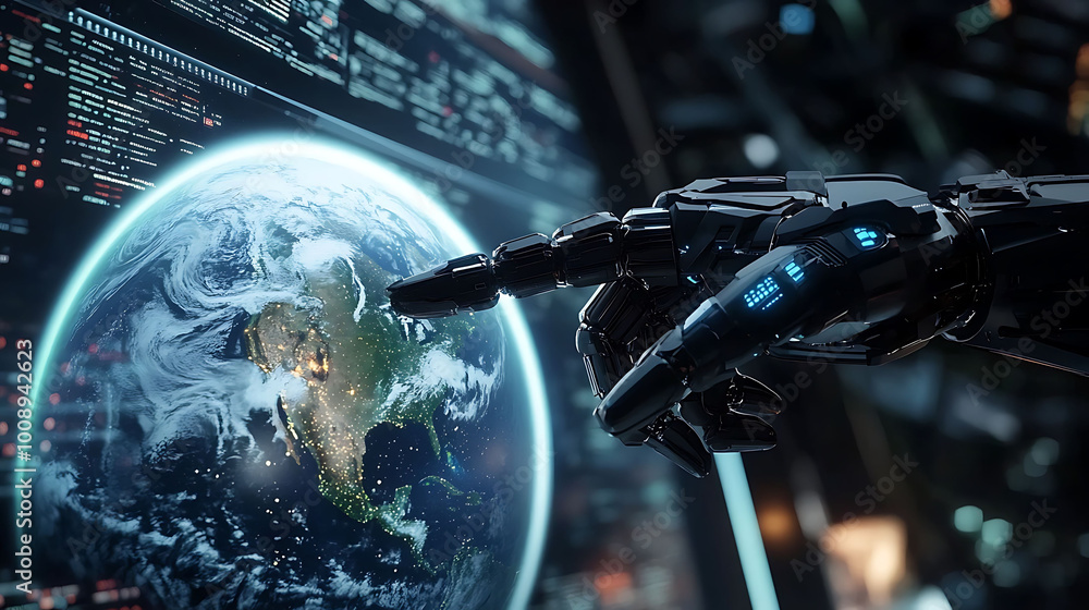 Poster a robotic hand pointing at a digital globe on a computer screen.