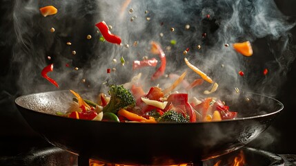 An action shot of fresh vegetables being tossed in a hot wok, with steam and vibrant colors creating a dynamic culinary moment that showcases the energy of Asian cooking.
