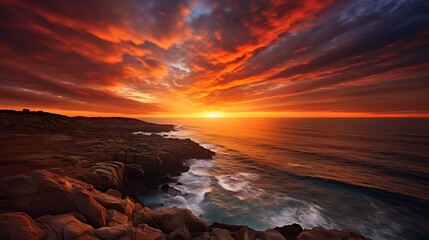 Obraz premium Dramatic sunset over rocky coastline with vibrant colors reflecting on ocean waves
