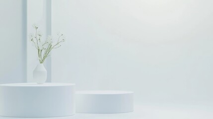 Fototapeta premium Minimalism white color interior decor with podium for product, white background