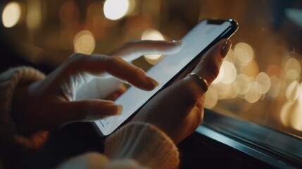 Woman's hands using a smartphone with a blurred background.