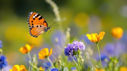 Obraz premium Vibrant Butterfly Among Colorful Wildflowers in Nature