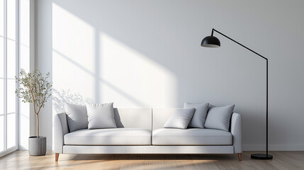 A minimalist living room with a sleek black floor lamp placed in the corner, casting soft light against a white wall. No furniture or decor in sight
